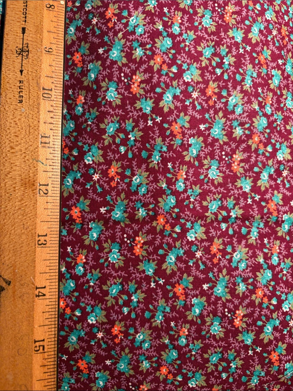 Vintage Cranston Burgundy Floral fabric 44 x 50 with Teal & Orange Accents. VV